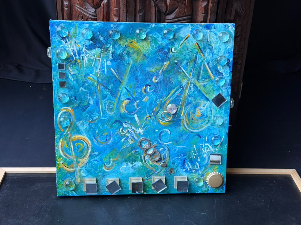 Original Mixed Media Abstract Painting Music Notes Treble Clef Glass Mirror 12in