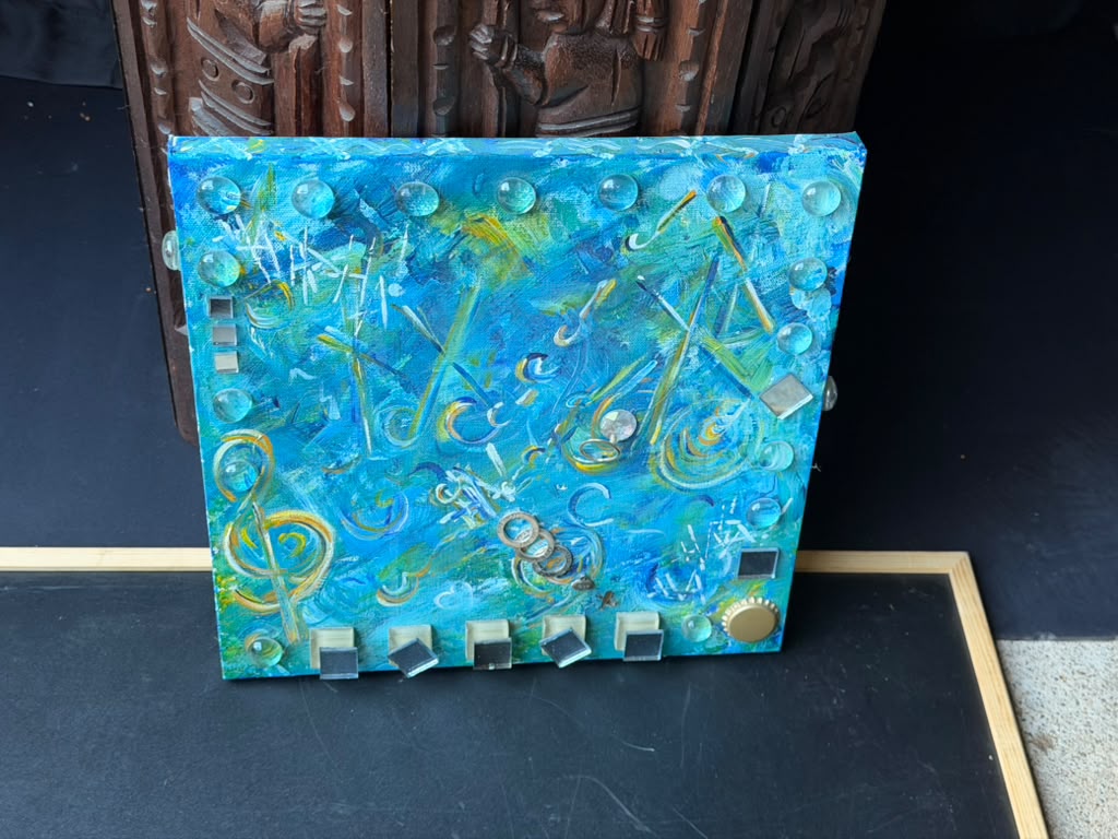 Original Mixed Media Abstract Painting Music Notes Treble Clef Glass Mirror 12in