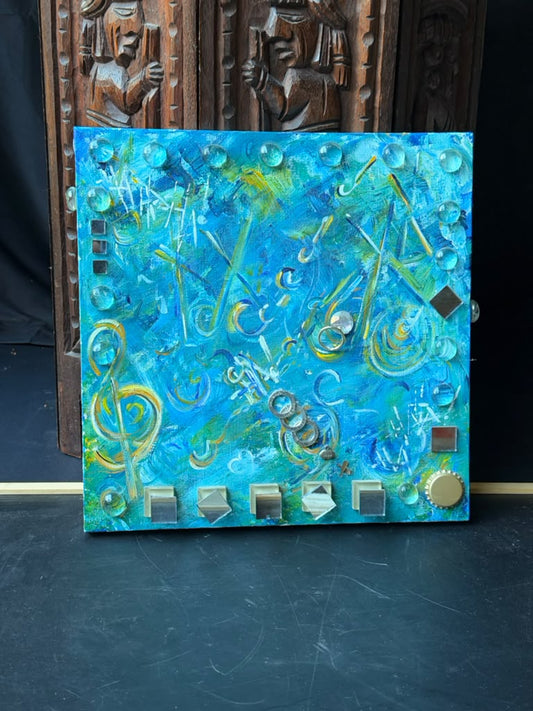 Original Mixed Media Abstract Painting Music Notes Treble Clef Glass Mirror 12in