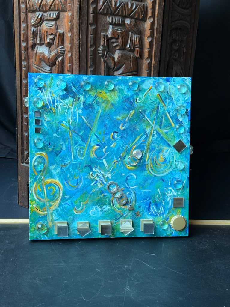 Original Mixed Media Abstract Painting Music Notes Treble Clef Glass Mirror 12in