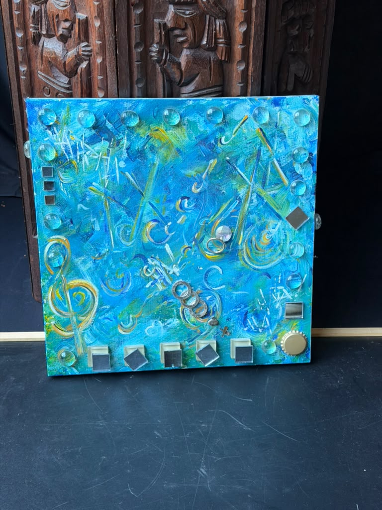Original Mixed Media Abstract Painting Music Notes Treble Clef Glass Mirror 12in