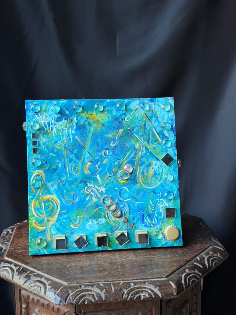 Original Mixed Media Abstract Painting Music Notes Treble Clef Glass Mirror 12in