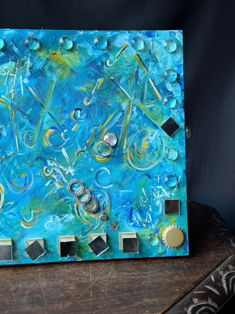 Original Mixed Media Abstract Painting Music Notes Treble Clef Glass Mirror 12in