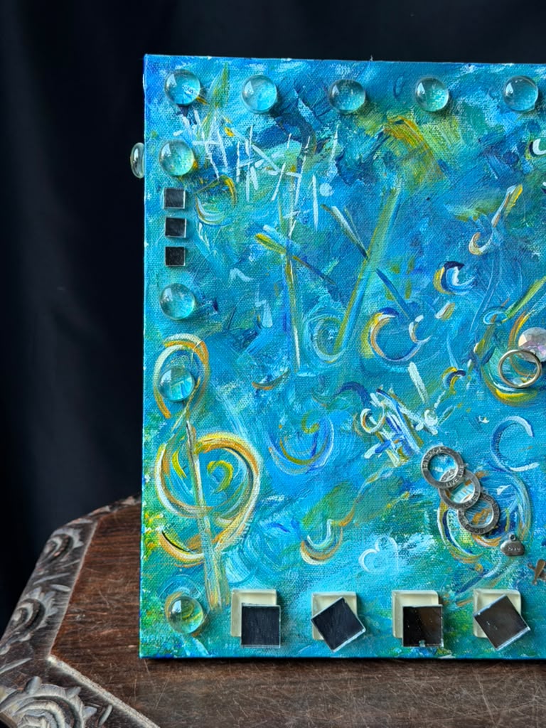 Original Mixed Media Abstract Painting Music Notes Treble Clef Glass Mirror 12in