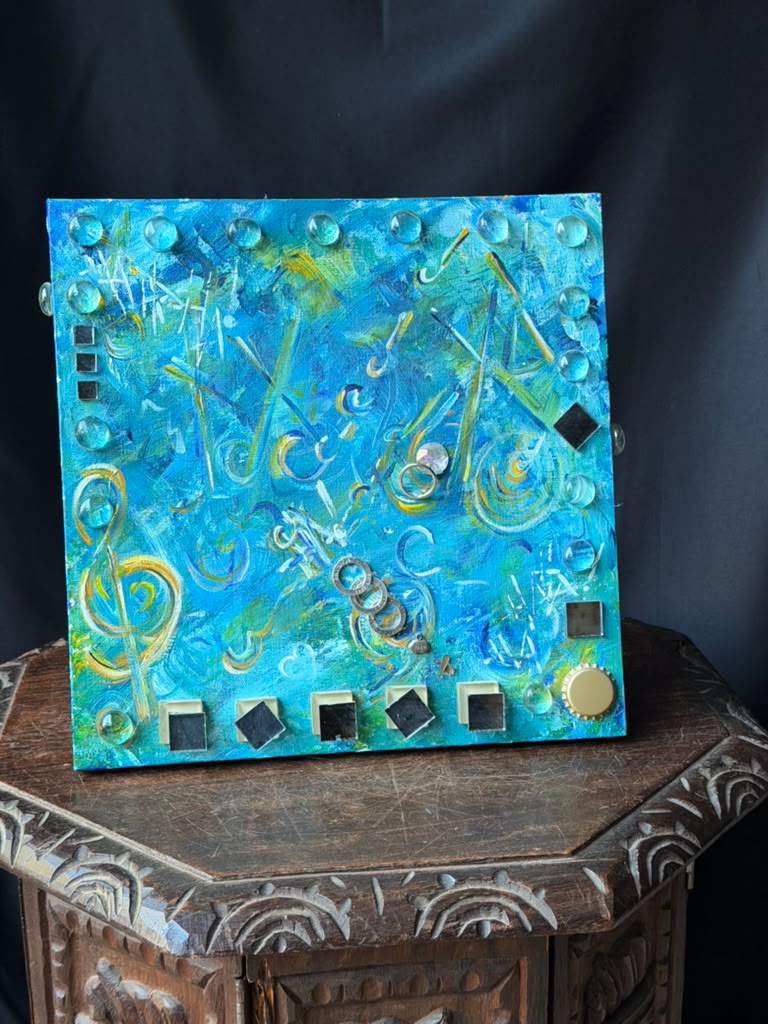 Original Mixed Media Abstract Painting Music Notes Treble Clef Glass Mirror 12in
