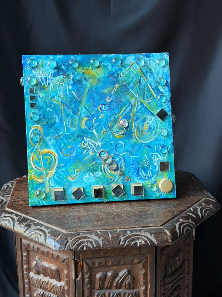 Original Mixed Media Abstract Painting Music Notes Treble Clef Glass Mirror 12in