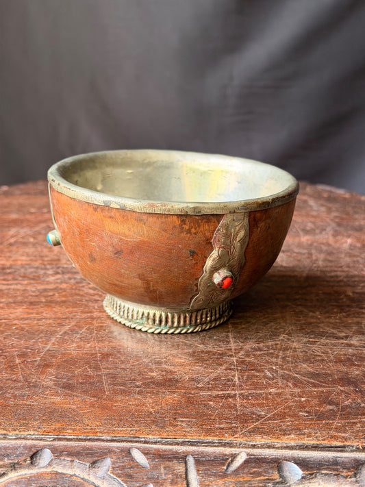 Vintage Himalayan Tibetan Wood Tea Bowl Metal Lined Turquoise Coral 4.5in