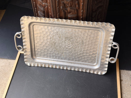 Vintage Cromwell Hand Wrought Aluminum Tray Fruit Design Handles 20.6in