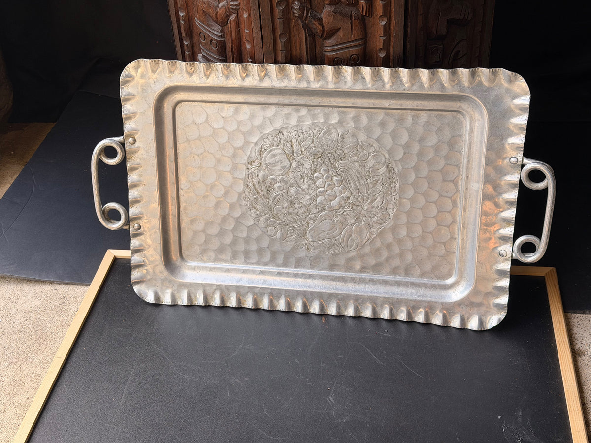 Vintage Cromwell Hand Wrought Aluminum Tray Fruit Design Handles 20.6in