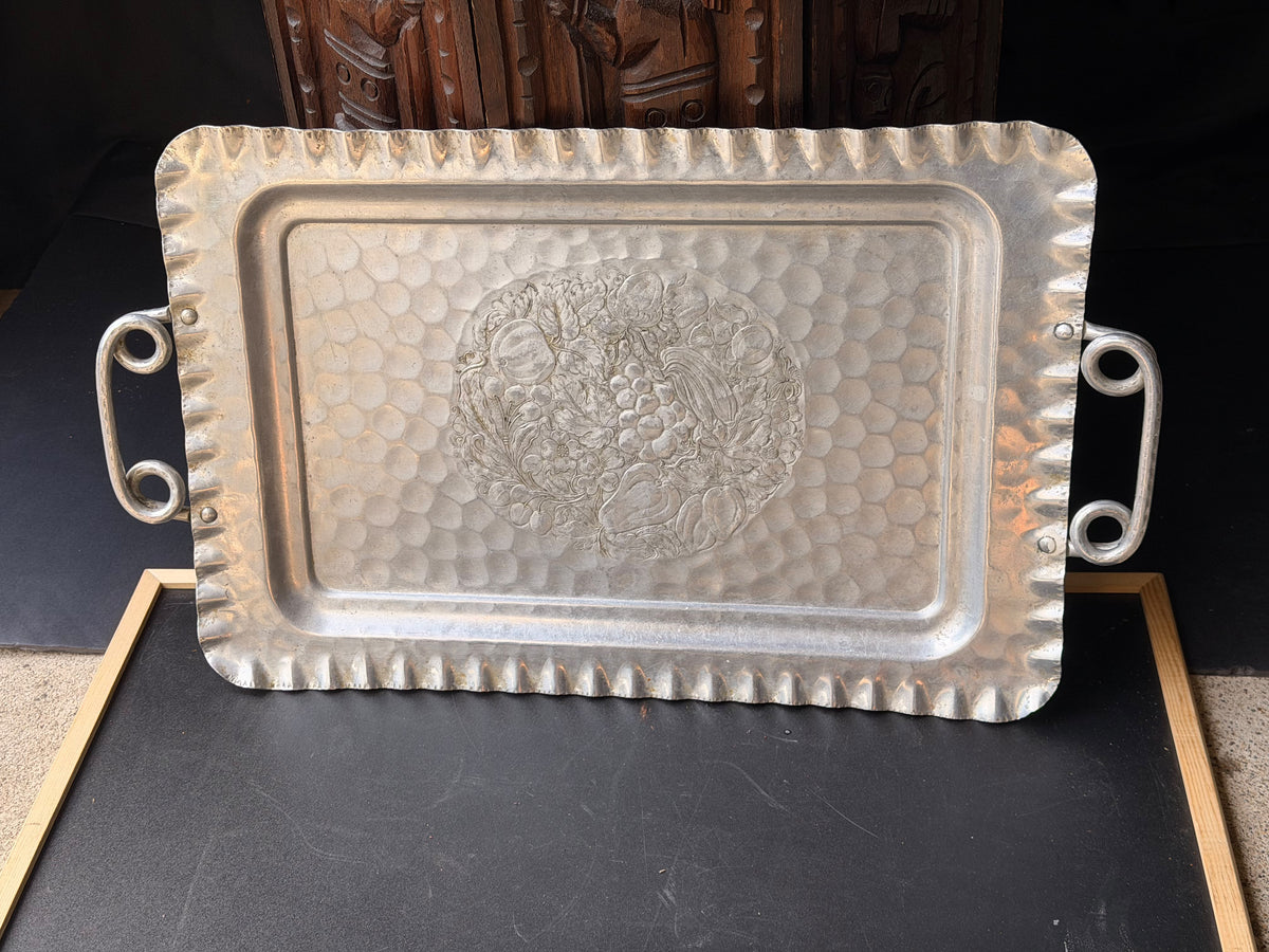 Vintage Cromwell Hand Wrought Aluminum Tray Fruit Design Handles 20.6in