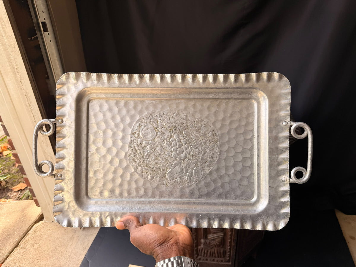 Vintage Cromwell Hand Wrought Aluminum Tray Fruit Design Handles 20.6in