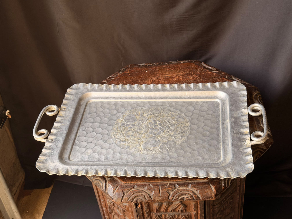 Vintage Cromwell Hand Wrought Aluminum Tray Fruit Design Handles 20.6in