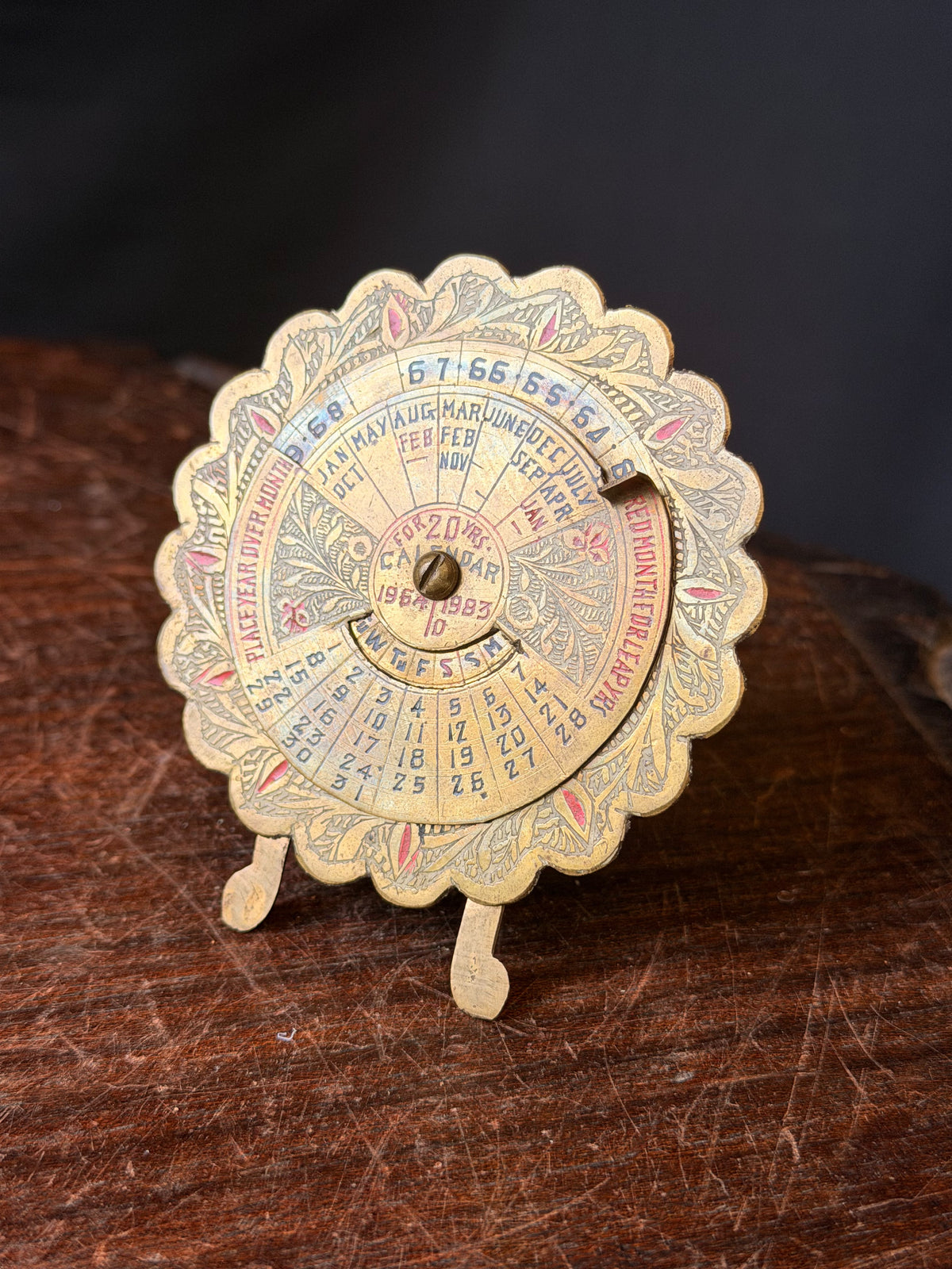 Vintage Made in India Brass 20 Year Perpetual Desk Calendar 1964-1983 Easel