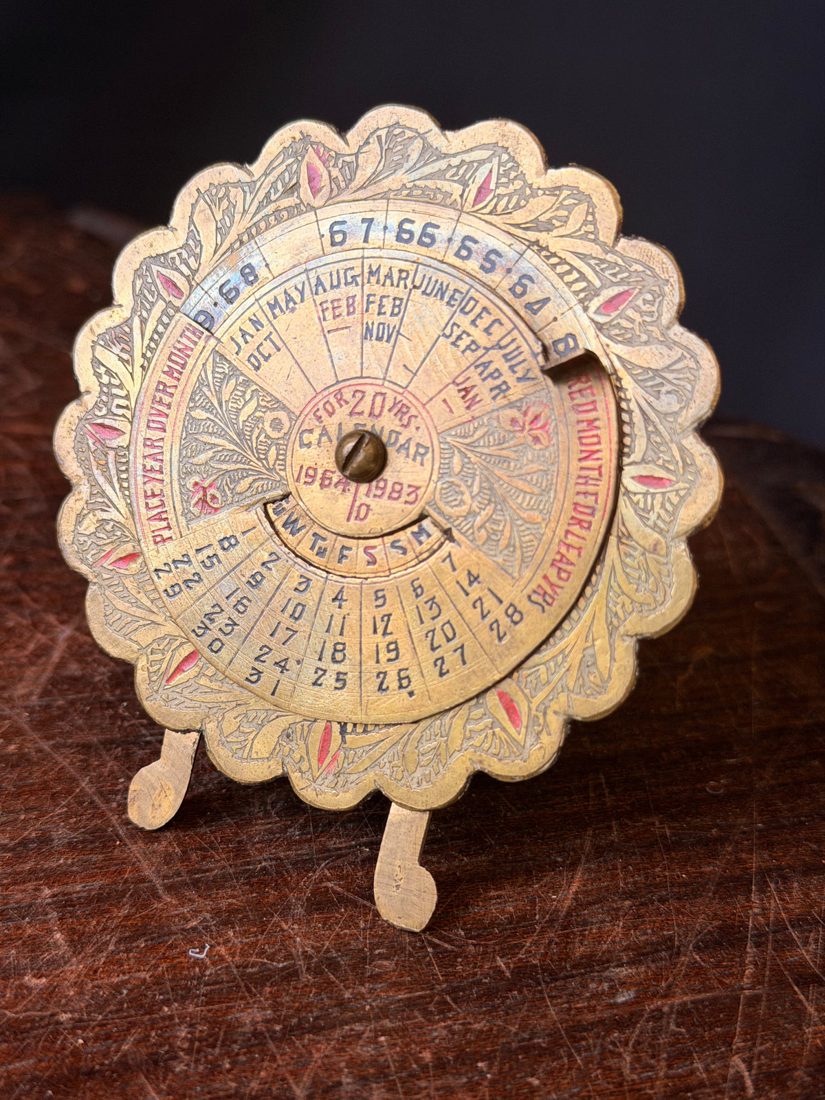 Vintage Made in India Brass 20 Year Perpetual Desk Calendar 1964-1983 Easel