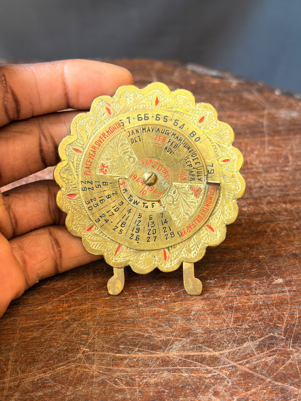 Vintage Made in India Brass 20 Year Perpetual Desk Calendar 1964-1983 Easel