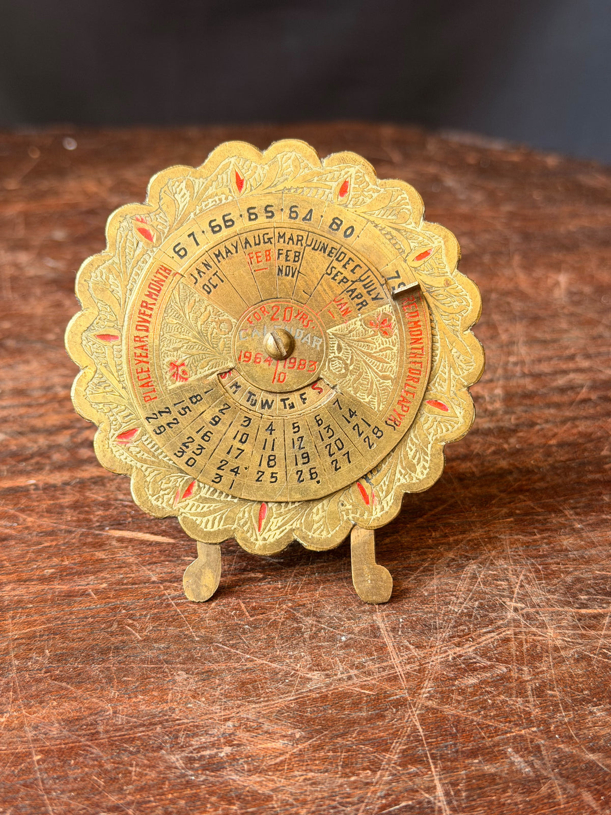 Vintage Made in India Brass 20 Year Perpetual Desk Calendar 1964-1983 Easel