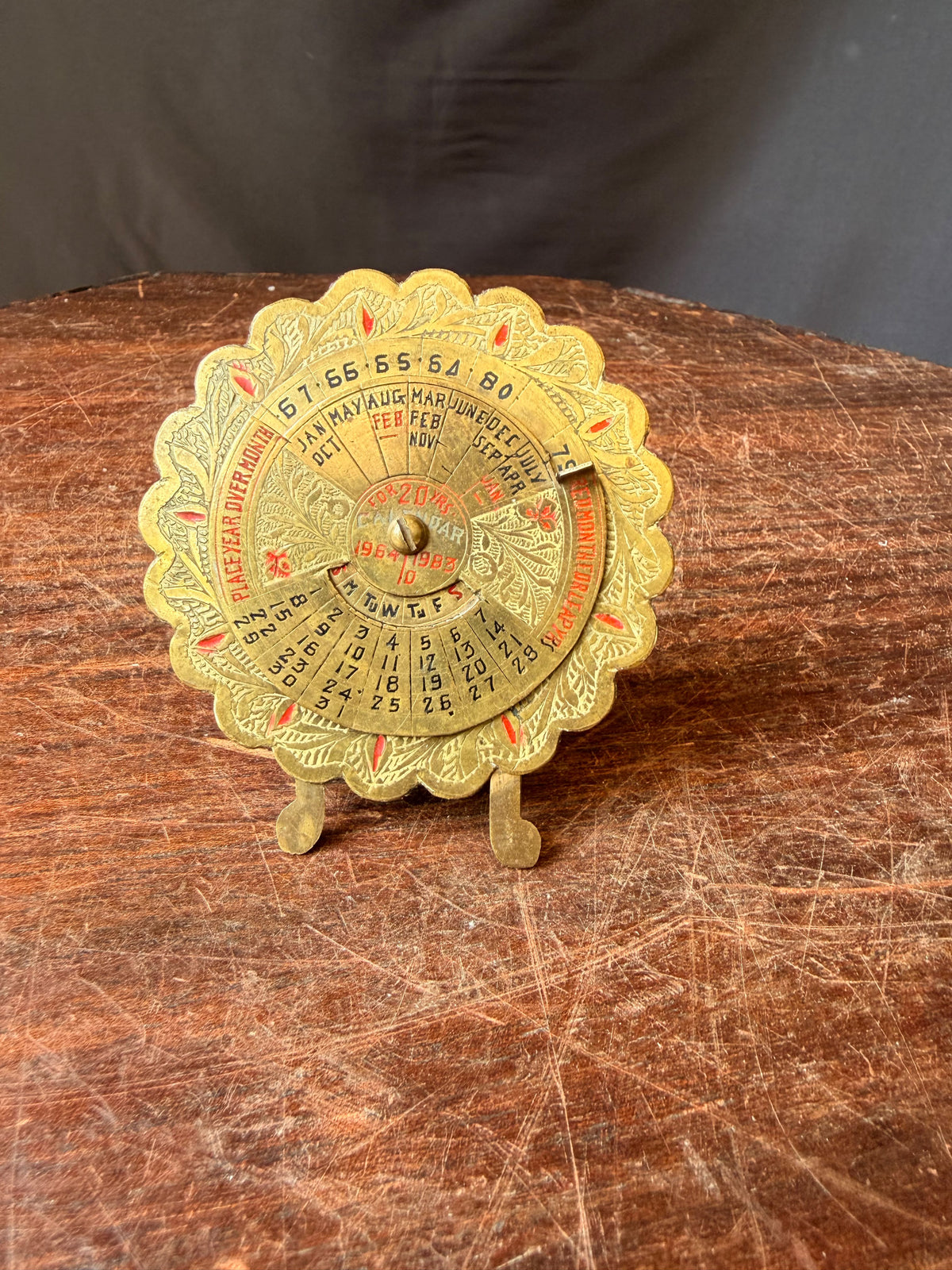 Vintage Made in India Brass 20 Year Perpetual Desk Calendar 1964-1983 Easel