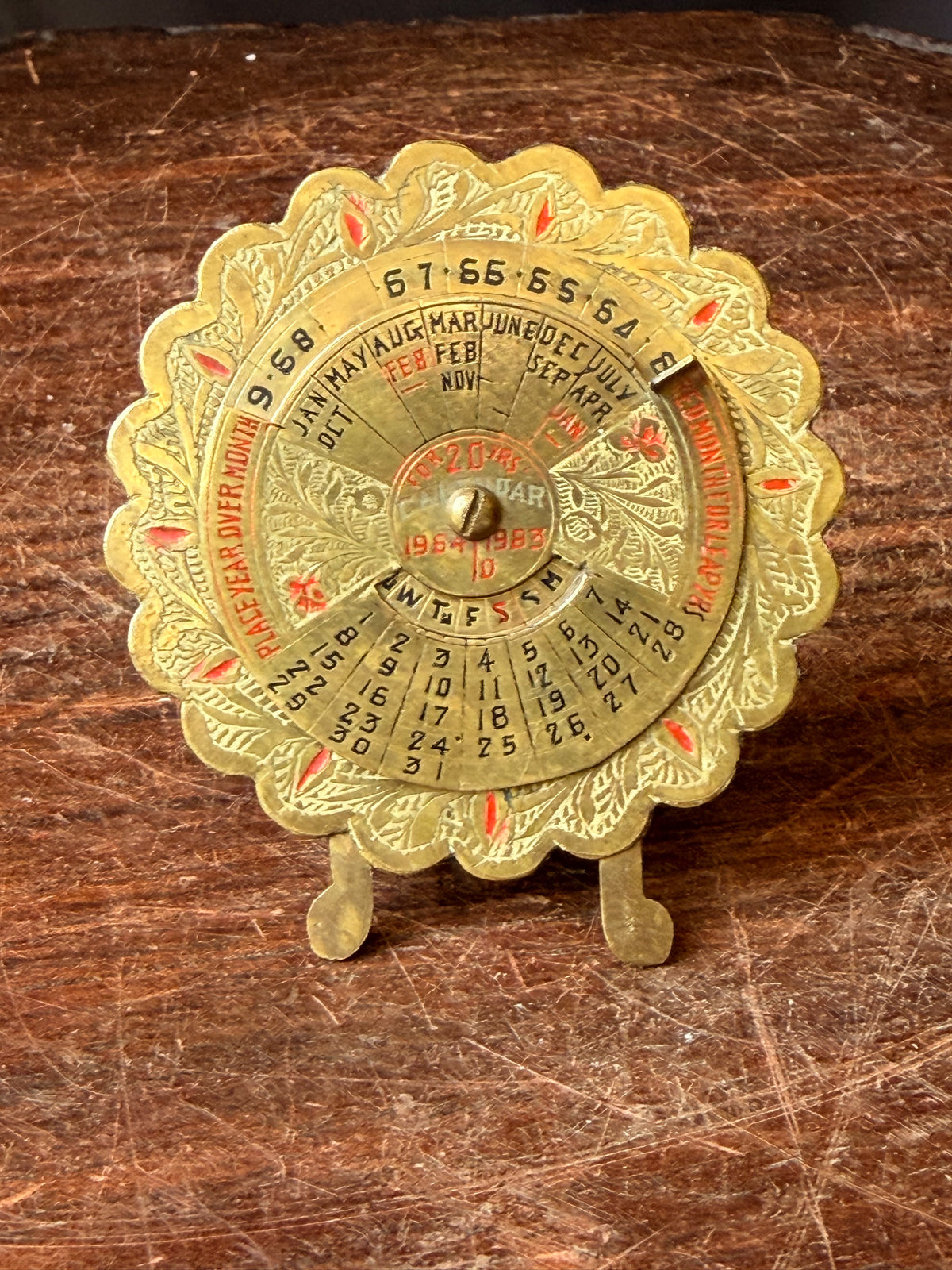 Vintage Made in India Brass 20 Year Perpetual Desk Calendar 1964-1983 Easel