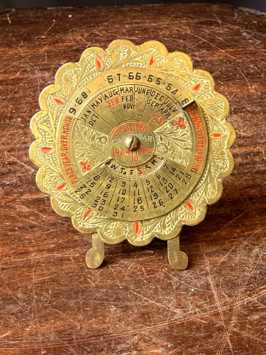 Vintage Made in India Brass 20 Year Perpetual Desk Calendar 1964-1983 Easel