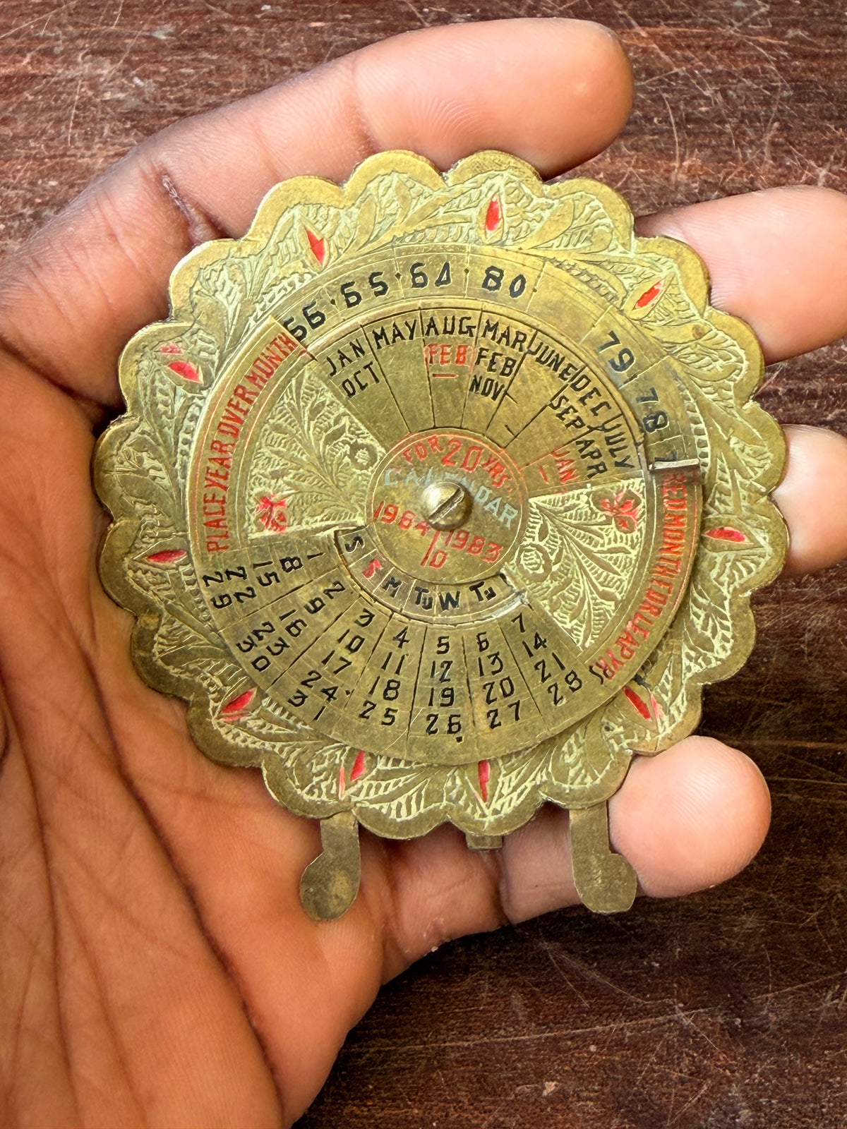 Vintage Made in India Brass 20 Year Perpetual Desk Calendar 1964-1983 Easel
