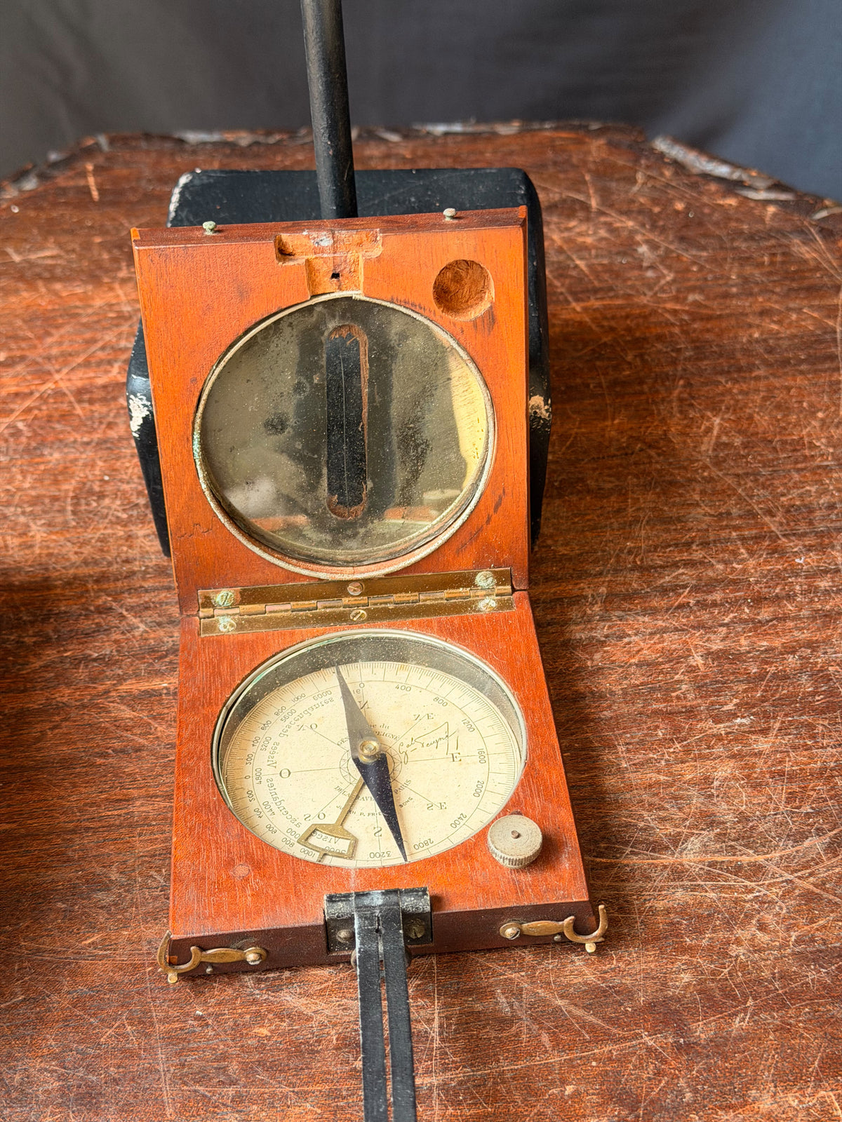 Vintage French General Peigne Alidade Compass Delagrave Paris Friez Wood Box