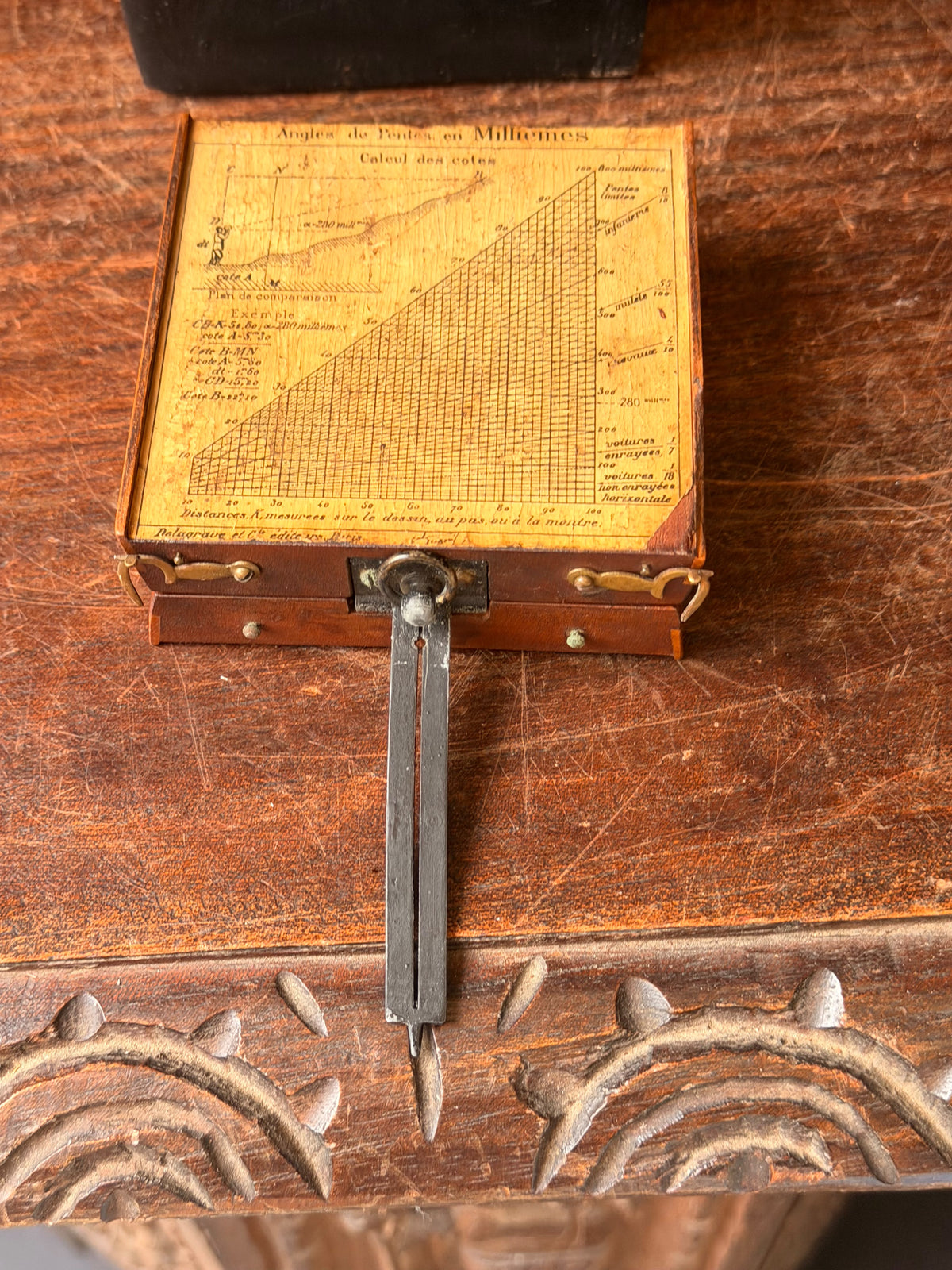Vintage French General Peigne Alidade Compass Delagrave Paris Friez Wood Box