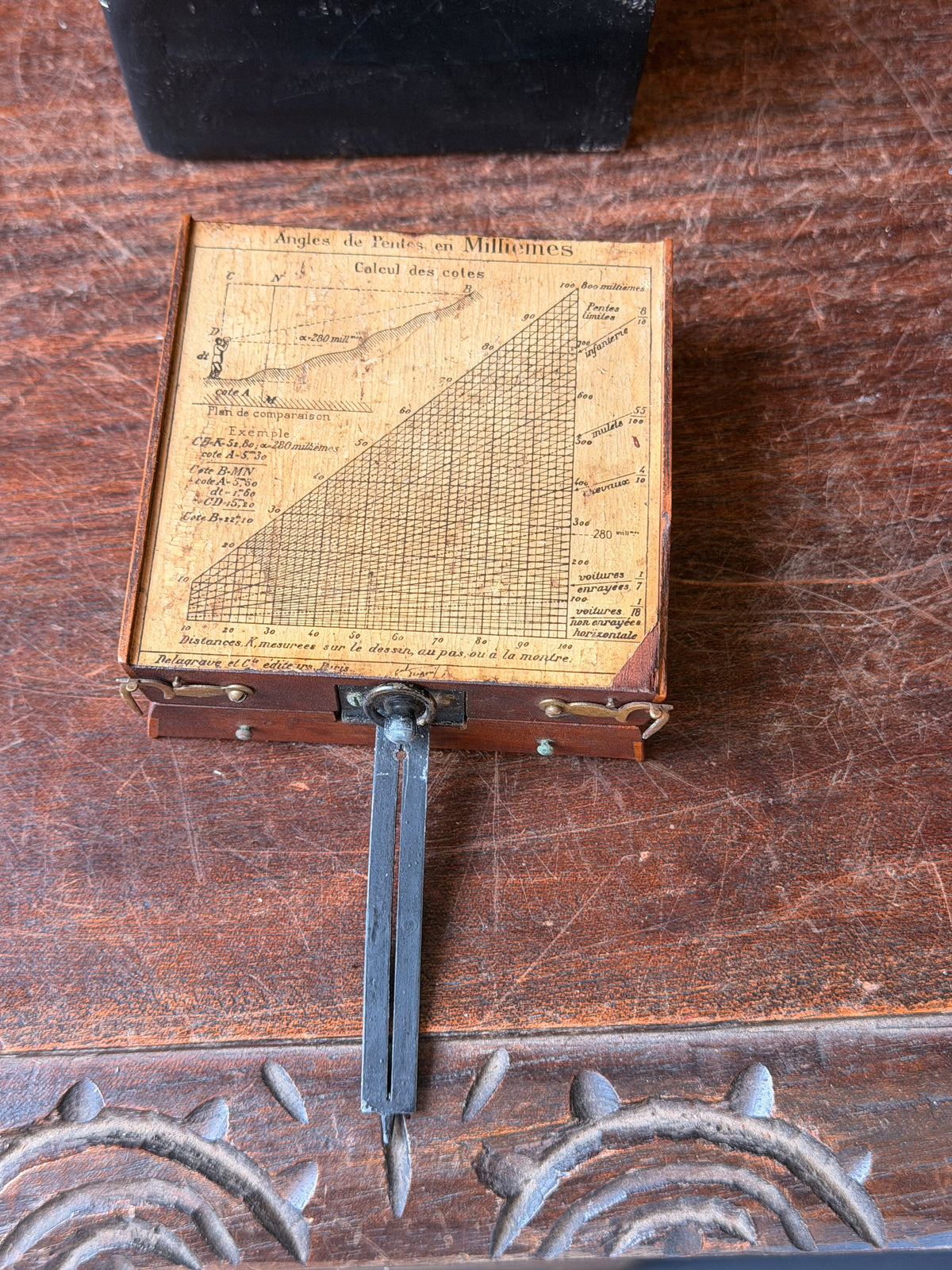 Vintage French General Peigne Alidade Compass Delagrave Paris Friez Wood Box