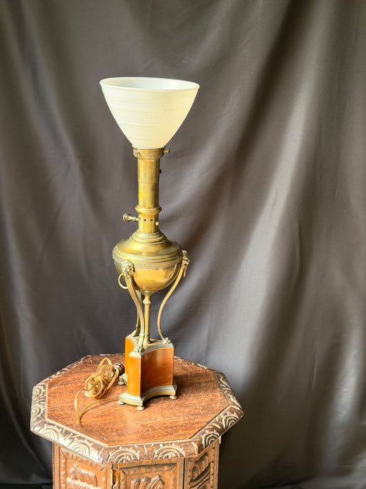 Vintage Neoclassical Brass Finish Urn Lamp Lion Masks Greek Key Glass Shade 28"