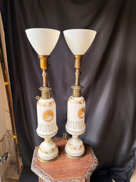 Pair Vintage Neoclassical White Satin Glass Lamps Gold Portrait Greek Key 34"