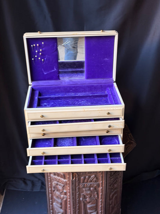 Vintage Cream Leatherette 5 Drawer Jewelry Chest Purple Velvet Mirror Lid 16"