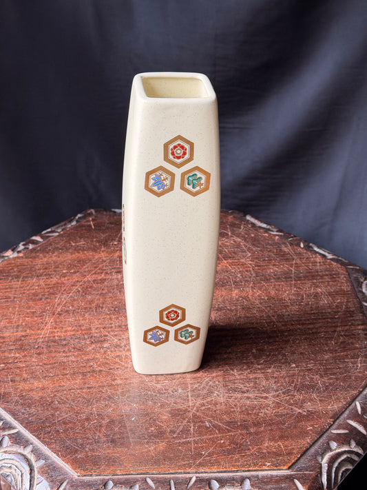 Vintage Japanese Kutani Square Vase Hexagon Crests Pine Bamboo Plum Cream 10.8"