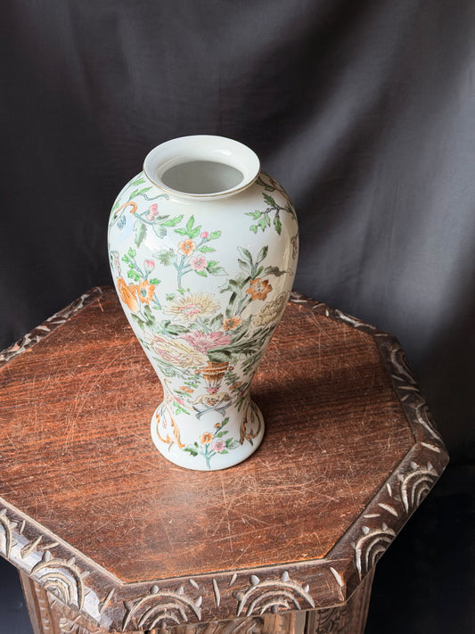 Vintage Chinese Porcelain Baluster Vase Flower Basket Peonies Gold Rim 12"