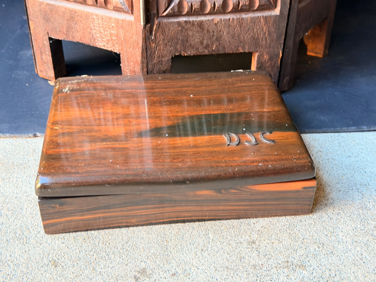 Vintage Philippine Kamagong Wood Jewelry Box Dresser Valet DJC Monogram 9"