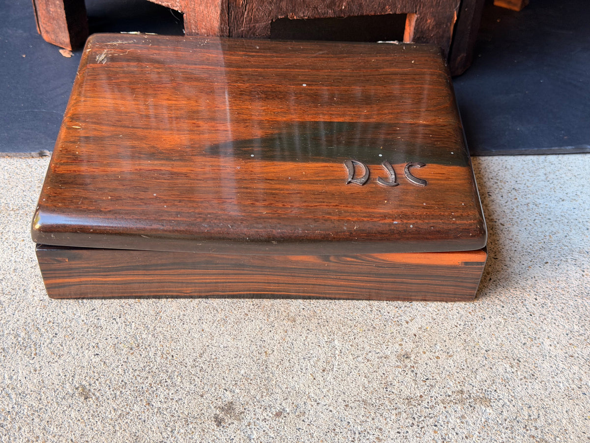 Vintage Philippine Kamagong Wood Jewelry Box Dresser Valet DJC Monogram 9"