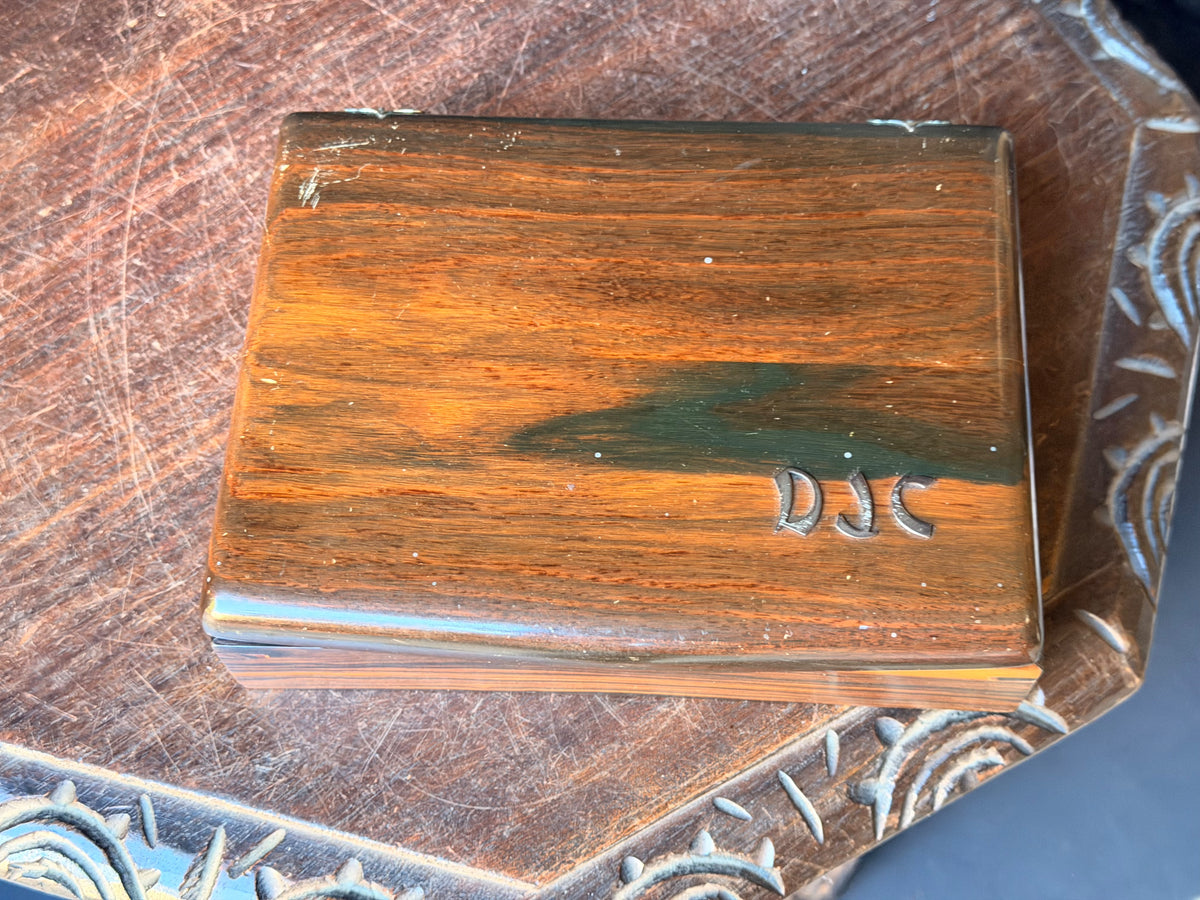Vintage Philippine Kamagong Wood Jewelry Box Dresser Valet DJC Monogram 9"