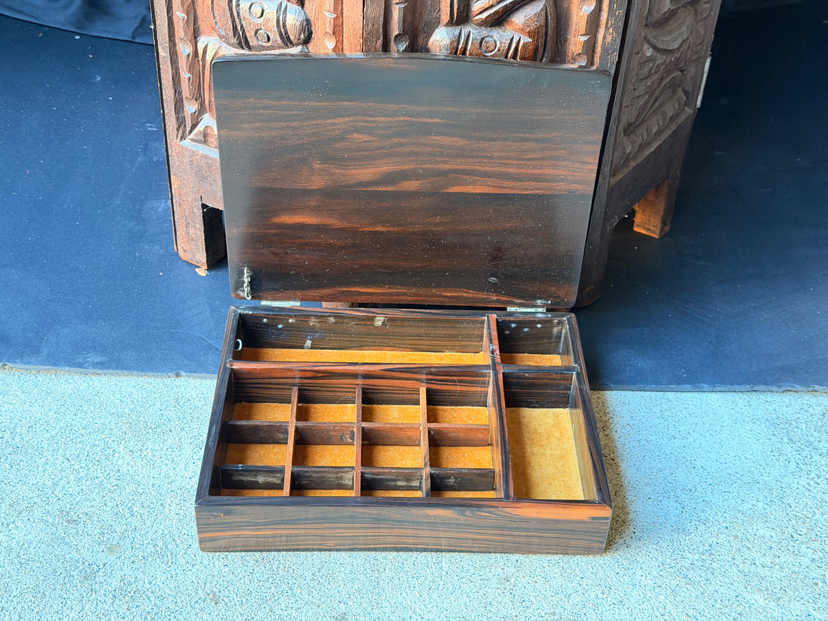 Vintage Philippine Kamagong Wood Jewelry Box Dresser Valet DJC Monogram 9"