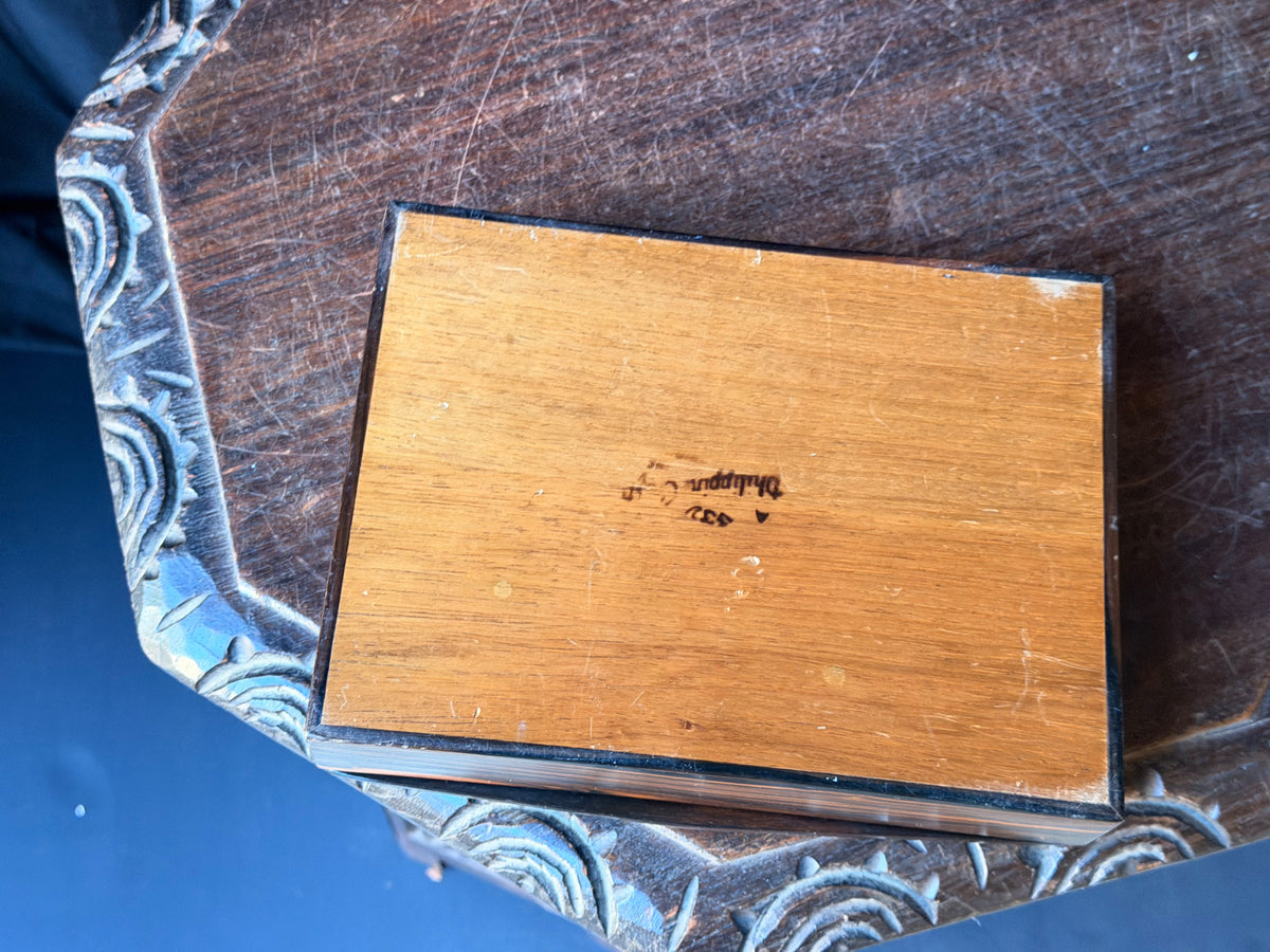 Vintage Philippine Kamagong Wood Jewelry Box Dresser Valet DJC Monogram 9"