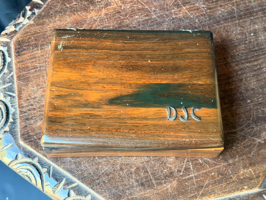 Vintage Philippine Kamagong Wood Jewelry Box Dresser Valet DJC Monogram 9"