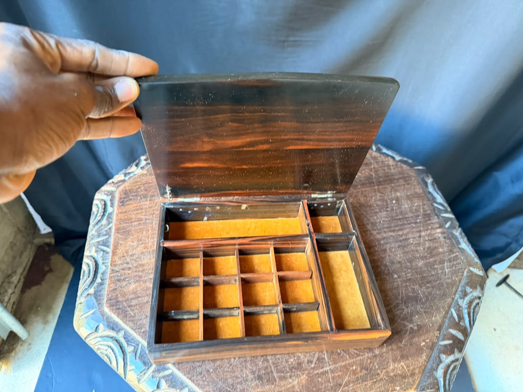 Vintage Philippine Kamagong Wood Jewelry Box Dresser Valet DJC Monogram 9"