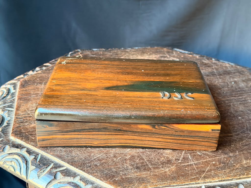 Vintage Philippine Kamagong Wood Jewelry Box Dresser Valet DJC Monogram 9"