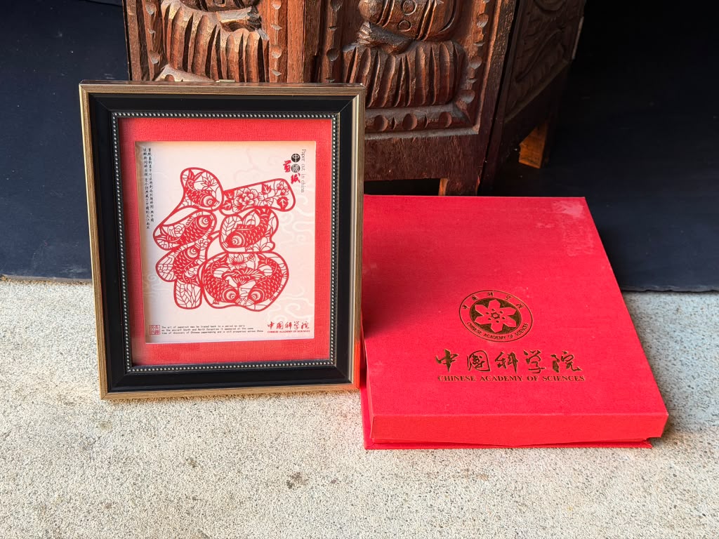 Framed Chinese Paper Cut Fu Character Carp Chinese Academy of Sciences Gift Box