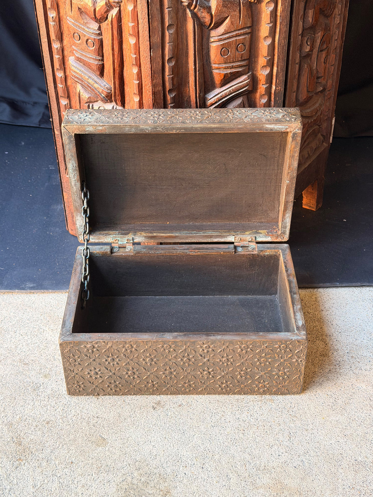 Indian Brass Covered Wood Box Embossed Floral Chrysanthemum Foreside Chest 10"