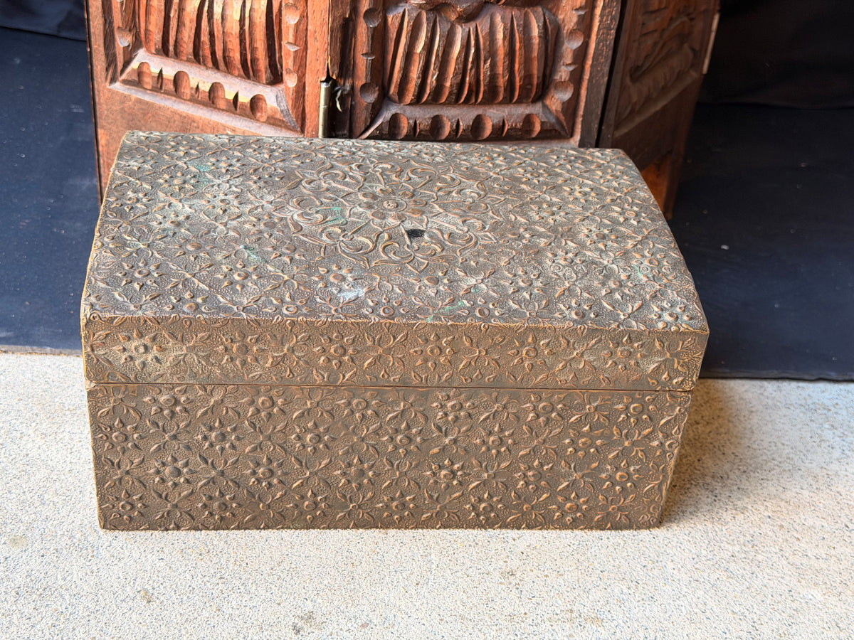 Indian Brass Covered Wood Box Embossed Floral Chrysanthemum Foreside Chest 10"