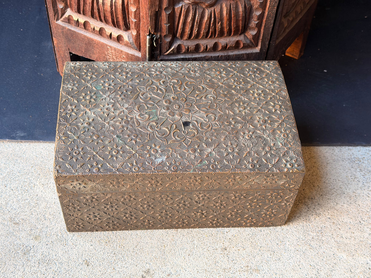Indian Brass Covered Wood Box Embossed Floral Chrysanthemum Foreside Chest 10"
