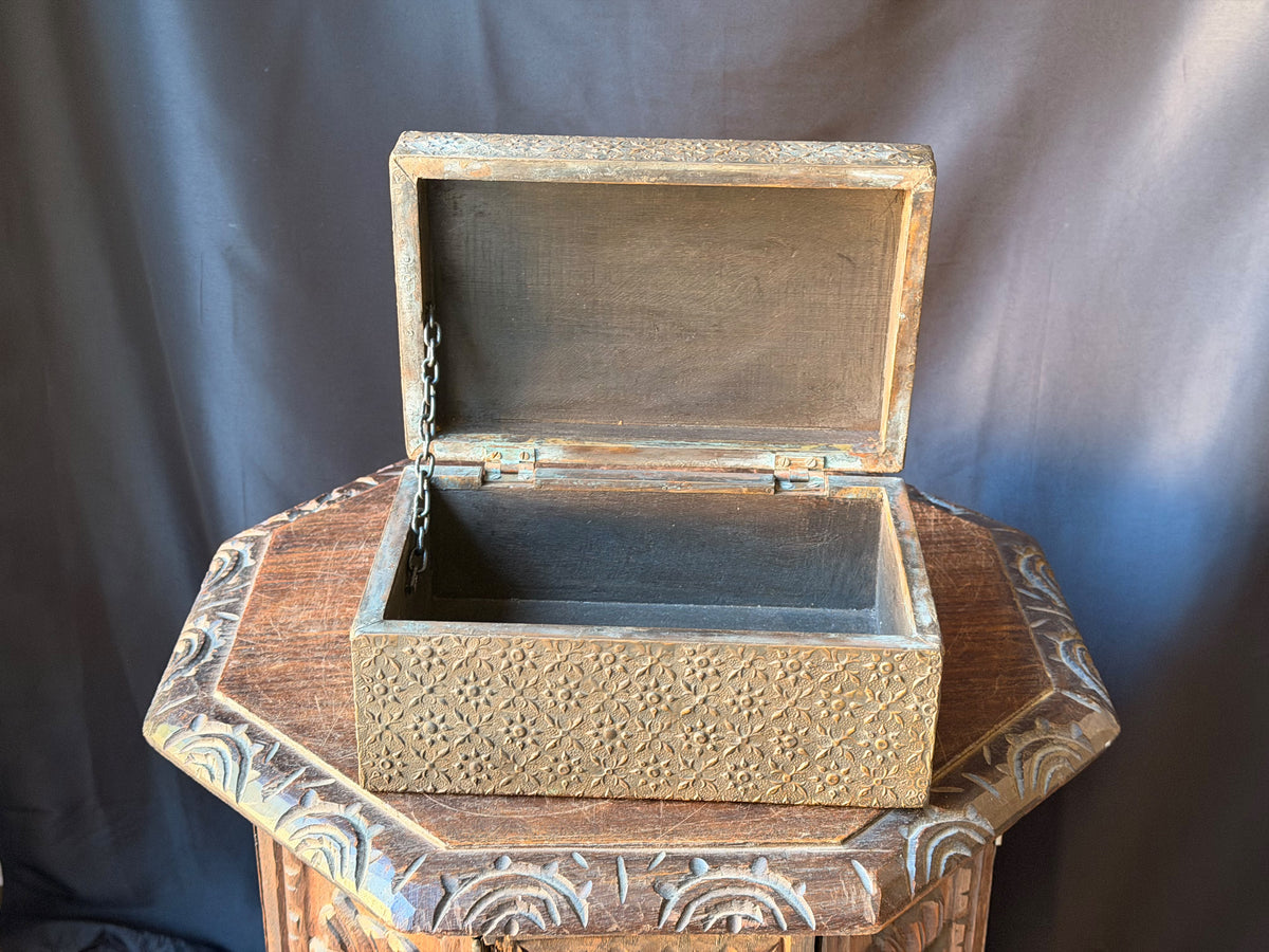 Indian Brass Covered Wood Box Embossed Floral Chrysanthemum Foreside Chest 10"