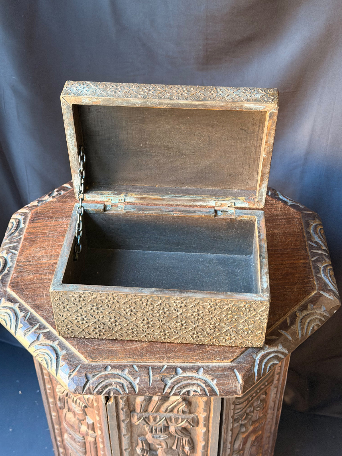 Indian Brass Covered Wood Box Embossed Floral Chrysanthemum Foreside Chest 10"