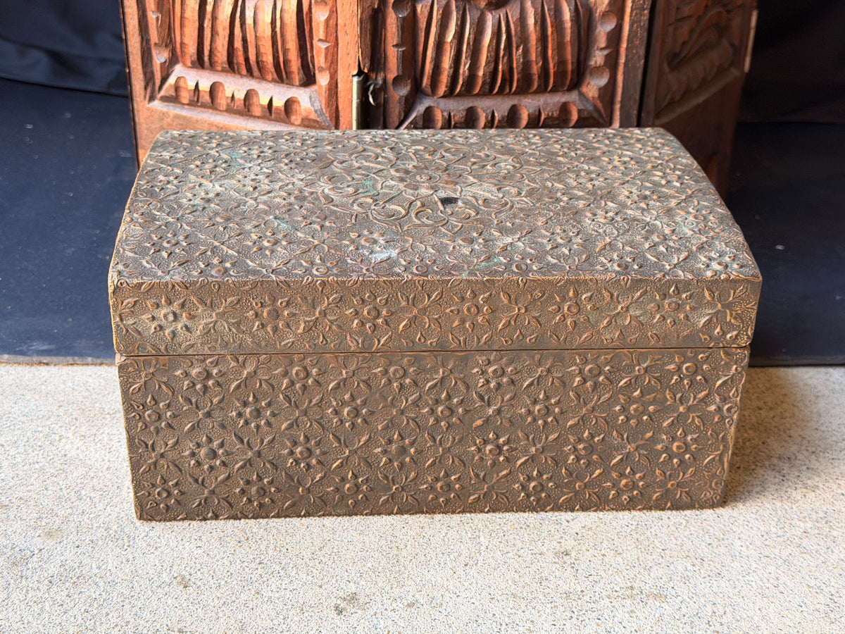 Indian Brass Covered Wood Box Embossed Floral Chrysanthemum Foreside Chest 10"