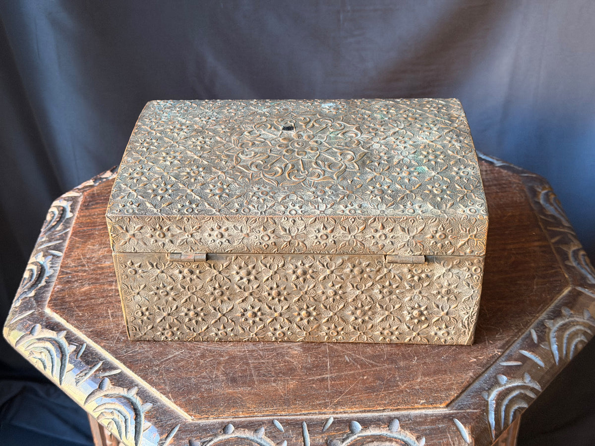 Indian Brass Covered Wood Box Embossed Floral Chrysanthemum Foreside Chest 10"