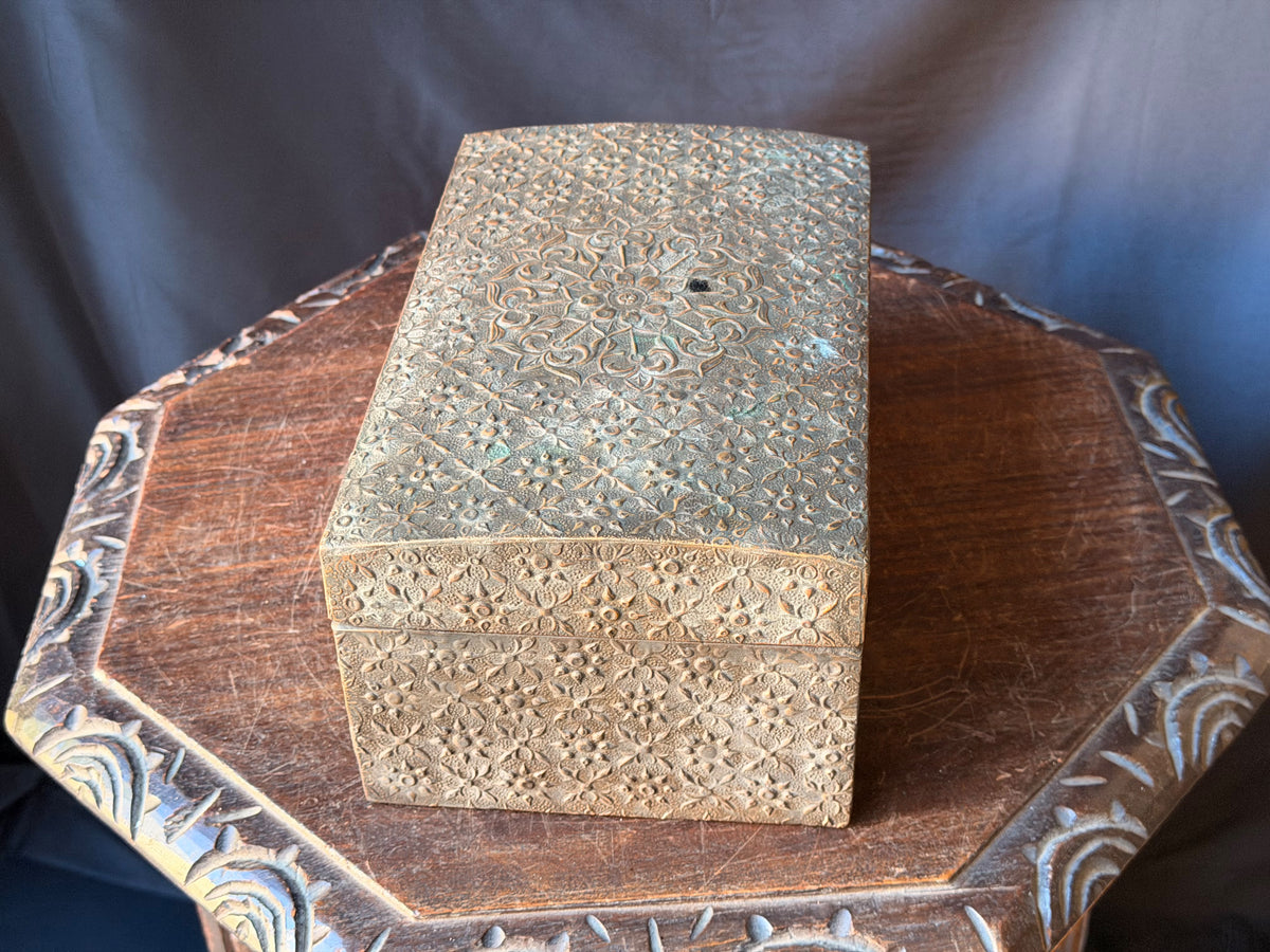 Indian Brass Covered Wood Box Embossed Floral Chrysanthemum Foreside Chest 10"