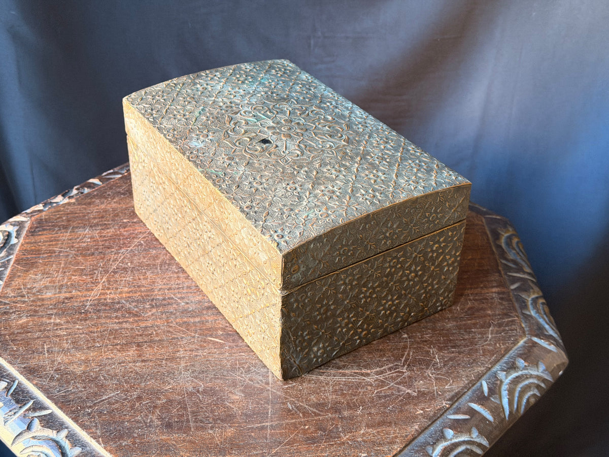 Indian Brass Covered Wood Box Embossed Floral Chrysanthemum Foreside Chest 10"